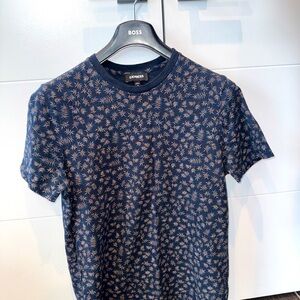 Express Men's Short Sleeve Shirt with Navy and Brown Pattern